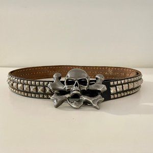 Vintage Silver Skull Studded Leather Belt  Y2K &  Made In USA Unisex